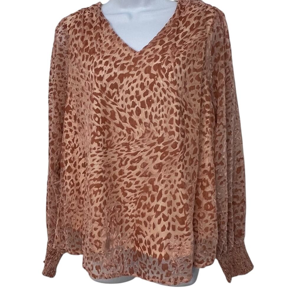 Easel Leopard Animal Print Blouse Peach Semi Sheer Velour V-Neck NWT Boho Glam S